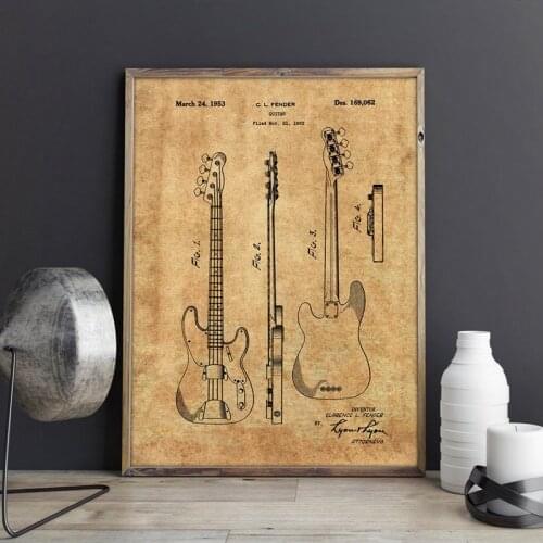 Precision Bass Patent Fender Guitar Blueprint Vintage Posters Prints Musician Gift idea Canvas Painting Wall Art Decor Room Deco