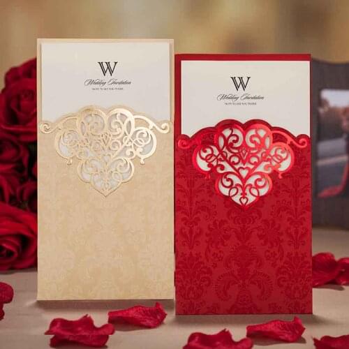 50pcs Wishmade Gold Red Laser Cut Wedding Invitations Romantic Invites Cards for Birthday Bridal Shower Party Supplies