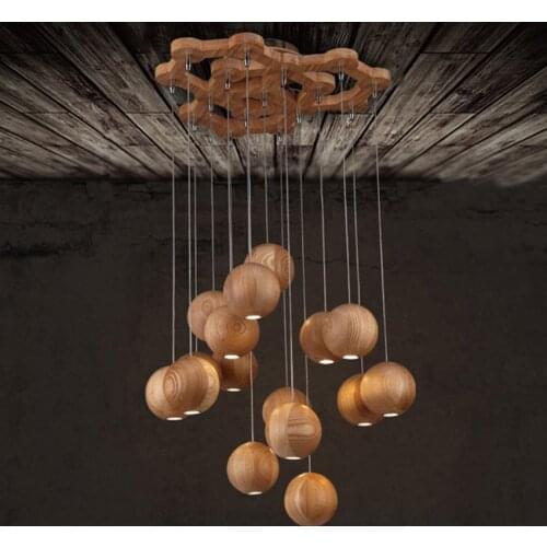 Modern solid wood ball chandelier for dining/living room,7/10 heads vintage wood ball pendant lamp fixture for foyer/restaurant