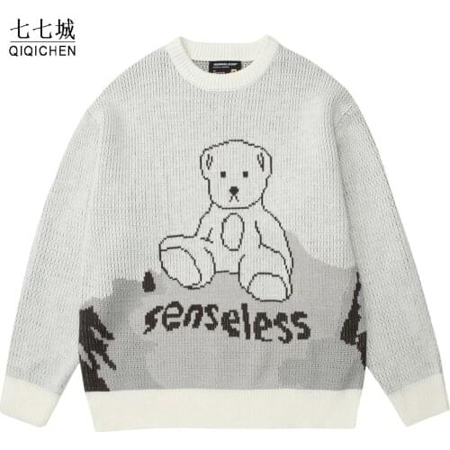 Streetwear Sweater Men Women Bear Pattern Harajuku Sweaters Hip Hop Korean Knitted Sweater Fashion Casual Loose Jumper Pullover