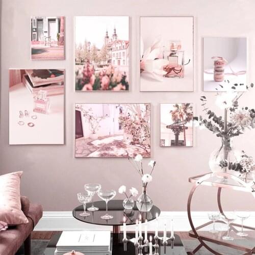 Pink Landscape Women Perfume Building Wall Art Canvas Painting Posters And Prints Wall Pictures For Living Room Decor Aesthetics