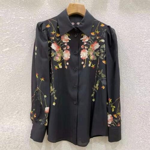 Summer 100% Black Silk Shirt Runway Fashion Women Long Sleeve Flower Print Elegant Party Office Ladies Blouse