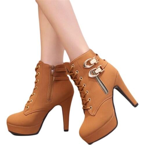 Spring Autumn Women Ankle Boots Female High Heels Lace Up Leather Shoes Woman Double Buckle Platform Fashion