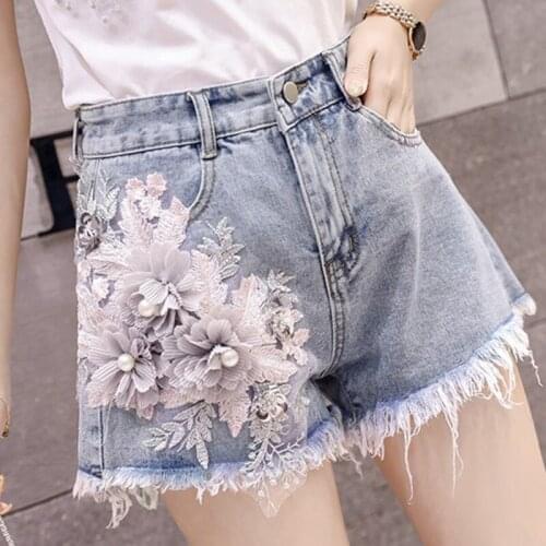 Women Summer Denim Shorts 3D Flower Embroidery 2021 New Fashion Jeans Pants Casual Chic Streetwear Pockets Trousers
