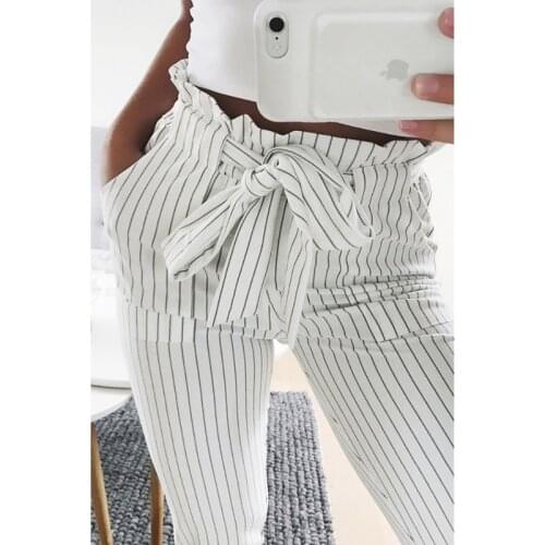 2020 Women Fashion Casual OL Pencil Pants Bow Tie Drawstring Sweet Elastic Waist Pockets Casual Trousers Slim Strip Pants