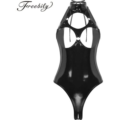 Sexy Womens Wet Look Patent Leather Latex Catsuit Erotic Leotard Costumes Hollow Out Nipples Crotchless Thong Leotard Bodysuit
