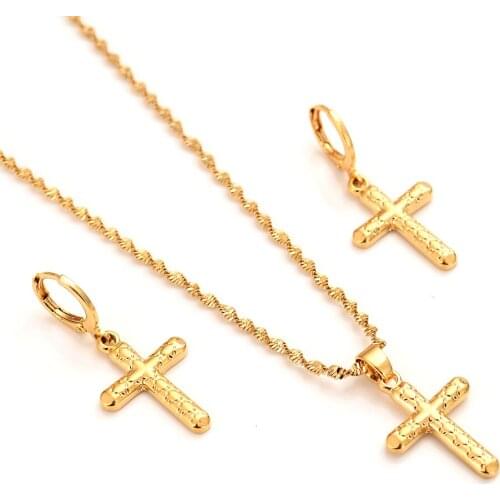 Bangrui New Ethiopian Cross set Jewelry Pendant Chain/Earrings Necklace Gold Color Christian