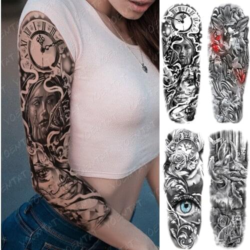 Large Arm Sleeve Tattoo Mask Clock Angel Crown Waterproof Temporary Tatto Sticker Forest Wolf Body Art Full Fake Tatoo Women Men