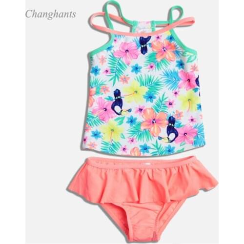 Girls Swimwear Pink & Flower Print Baby Two Pieces Swimsuit Child Bathing Suits Swim Pool Wear Kids Summer Beach