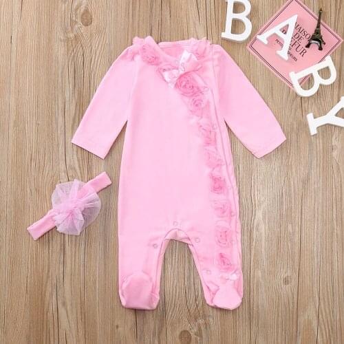 Newborn Infant Baby Boy Girl Autumn Clothes Solid Ruffle Knit Romper Long Sleeve Jumpsuit Outfits Clothes With Headband 2020