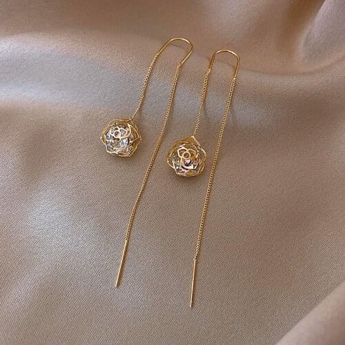 Elegant Hollow Out Zircon Flower Long Tassel Earrings Fashion Womens Korean Jewelry Luxury Party Girls Unusual Earrings