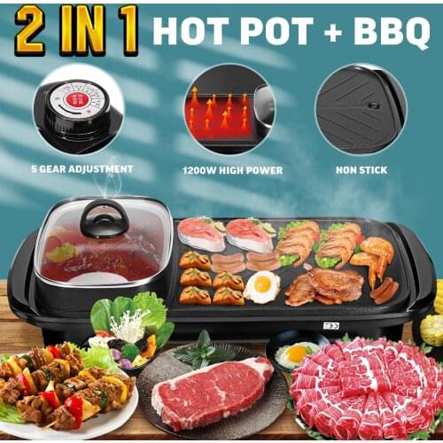 2 in 1 220V 1200W Electric Hot Pot Oven Smokeless Barbecue Machine Home BBQ Grills Indoor Roast Meat Dish Plate Multi Cooker