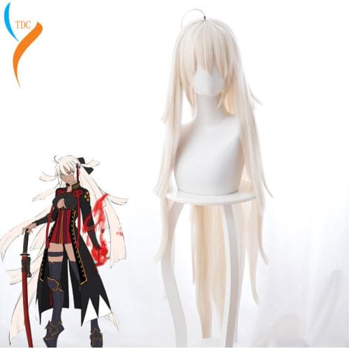 Fate/Grand Order Okita Souji Cosplay Wig for Women 120cm Long Straight Heat Resistant Synthetic Hair Majin Saber Wig Anime Beige