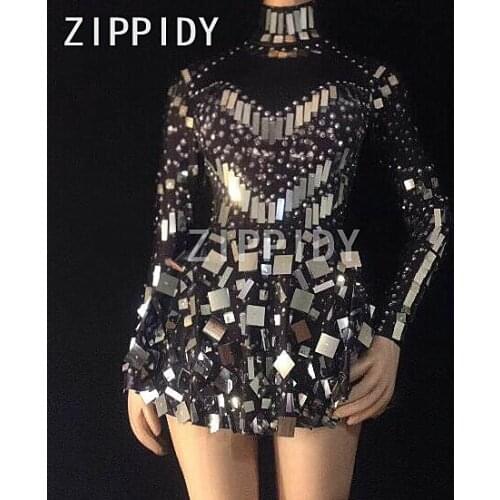 Glisten Silver Sequins Stones Dress Sexy Rhinestones Bodysuit Nightclub Female Singer Show Womens Birthday Party Outfit Dress