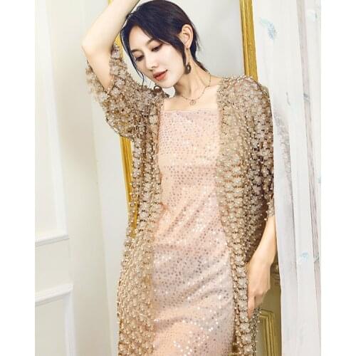 Personality Heavy Industry Pearl Beads Korean Style Loose Bright Silk Water Soluble Lace Hollow Long Cardigan Coat for Women