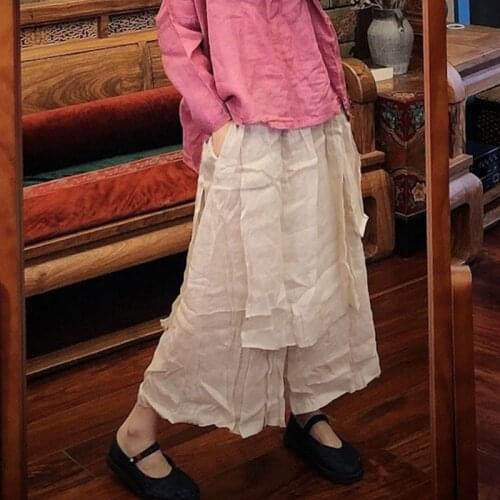 Johnature 2021 Summer Women Ramie Wide Leg Pants Elastic Waist Loose New Women Patchwork Vintage Linen Trouser