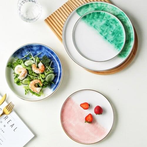 MUZITY Ceramic Dinner Plate Hand-made Porcelain Salad Dishes Gold Rim Design Dinnerware Round Plate