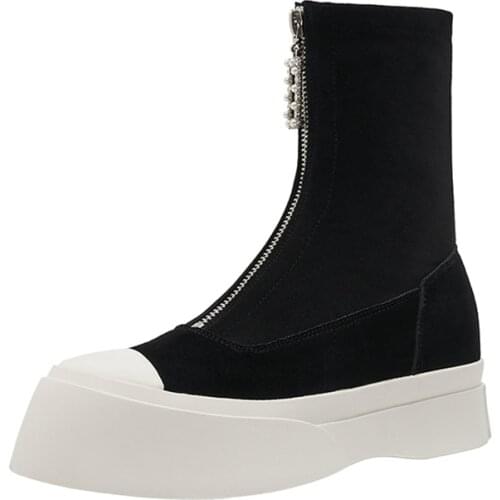 Womens Winter Stretch Ankle Motorcycle Booties Casual Thick Bottom Sneakers Pearls Zip Luxury Comfortable Shoes Zapatillas Mujer