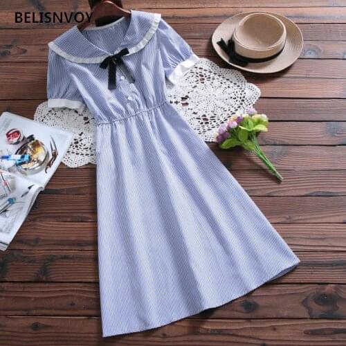 Japanese Preppy Style Summer Vintage Striped Dress Mori Girl Short Sleeve Women Peter Pan Collar Kawaii Dress Student Clothing