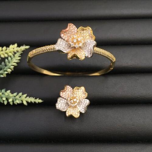 Lanyika Fashion Jewelry Vivid Chinese herbaceous peony Micro Plated Party Romantic Bangle With Ring Banquet Daily Best Gift