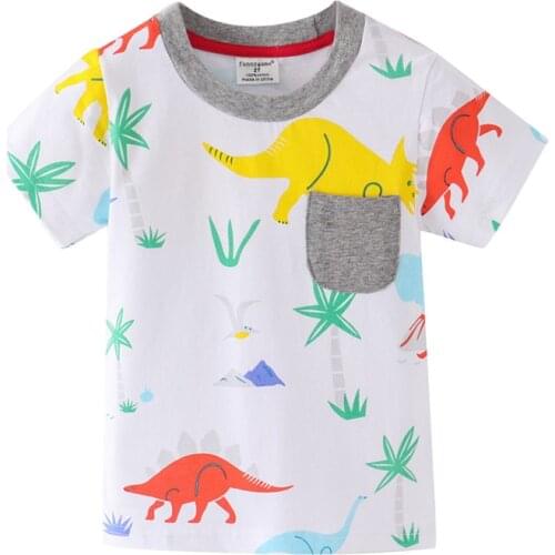 Funnygame New Pocket Dinosaurs T shirts for Boys Summer Wear 100% Cotton Baby Tees Tops Children Clothes Girls T shirts