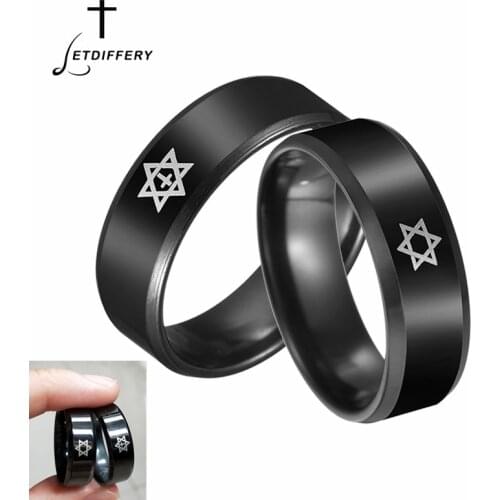 Letdiffery 8mm Stainless Steel Hexagram Men Cool Rings Black Magen David Cross Women Charms Jewelry Birthday Gifts