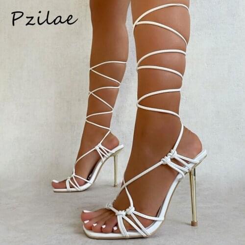Pzilae New Summer Woman Shoes Black White Fashion Cross-Tied Metal Heel Gladiator Sandals Women High Heels Lace-Up Party Pumps