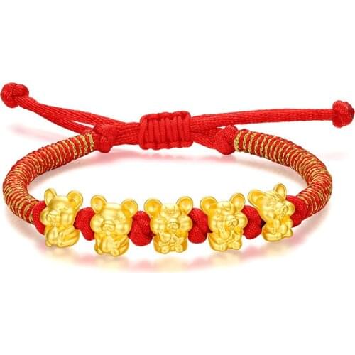 Real 24K Yellow Gold Chain 3D Year of the Mouse Bracelet Luck Mouse Zodiac Weaving Color Rope For Women Baby Female Bracelet