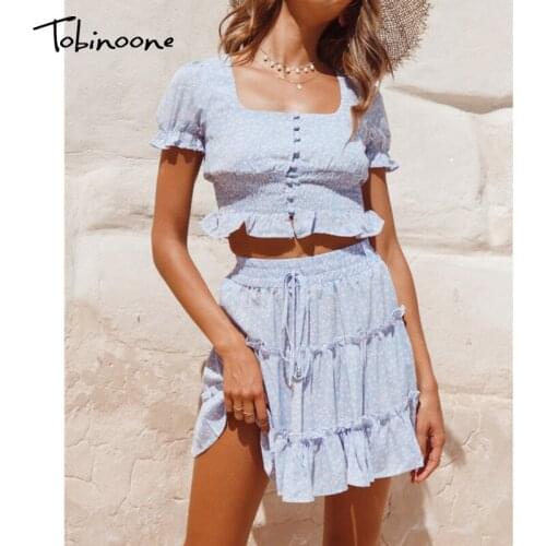 Tobinoone Cascading Ruffle Summer Two Piece Set Woman Short Puff Sleeve Lace Top And Mini Skirt Suits Sexy 2 Piece Clothing Set