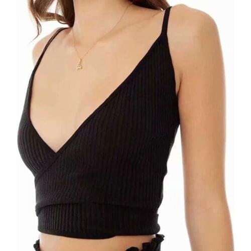 Sexy Knitted Blackless Halter Camisole Cropped Tops Summer Women Sleeveless Off Shoulder Stretch Vest Camis Cross Bandage Tanks