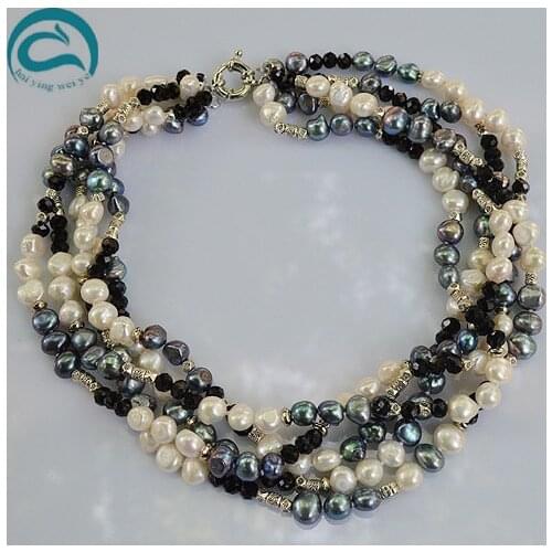 Unique Pearls jewellery Store,AA Top Quality White Black Genuine Freshwater Pearls Crystal Tible Silver Necklace Woman Jewelry