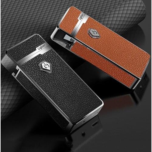 Double Arc Lighter Frosted Leather Fmaleless Windproof Smoking Encendedores LED Power Display Rechargeable Usb Electoric Briquet