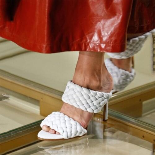 New Braided High Heels Summer Slippers Women Runway Party Shoes Woman Sexy Thin Heel Sandals Woman Cross Wove Folds Mules Shoes