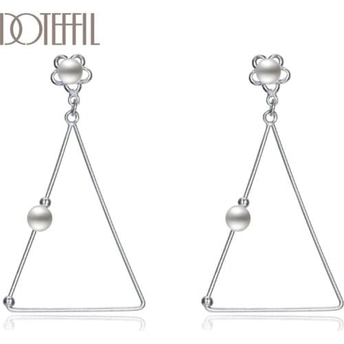 DOTEFFIL 925 Sterling Silver Pearl Triangle High Quality Earrings Charm Women Jewelry Fashion Wedding Party Gift