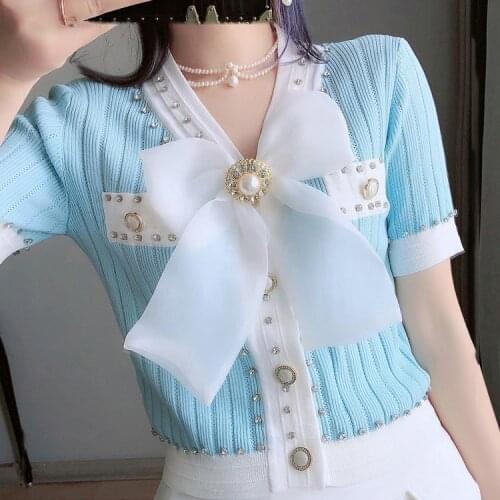 Women Cute Summer Cardigan Crop Top 2021 Sweet Big Bows Appliques Damonds Beaded Short Sleeve Slim Sweater Shirt Ladies Tops