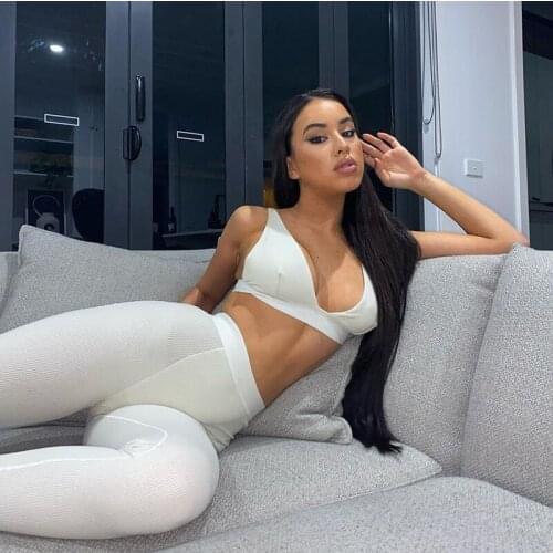 Sexy 2 Piece Set V Neck Cropped Top and Pants Leggings Ribbed Knit Casual Suit Women Workout Femme Tracksuits