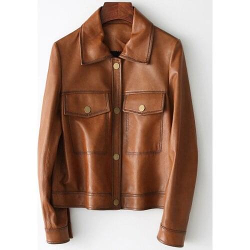 Spring Natural Genuine Leather Women Sheepskin Motorcycle Short Slim Jacket High Quality Brass Color Soft Suede Coat with Pocket