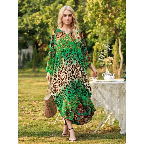 Middle East Loose Robe Women Dresses Seaside Beach Vacation Print Oversized Dress Designer High Quality V-neck Elegant Summer