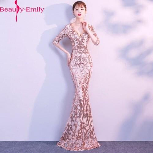 Beauty Emily Luxury Beads Sexy Mermaid Evening Dresses 2019 V neck Long Party Prom Dresses Plus Size Party Gowns
