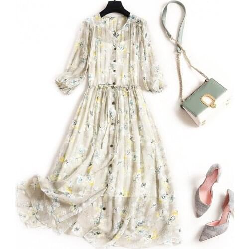 Summer Dress 2020 Spring 100% Pure Silk Women Dress Vintage Floral Korean Boho Party Dress Elegant Ladies Clothes Vestido Longo