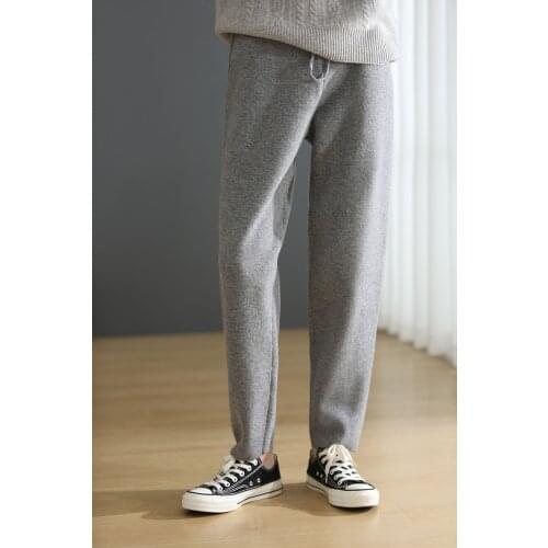 2021 Womens Autumn Winter Trendy Warm Trousers Female 100% Wool Elastic Casual Pants Women Grey Color Fashion Pencil Pants