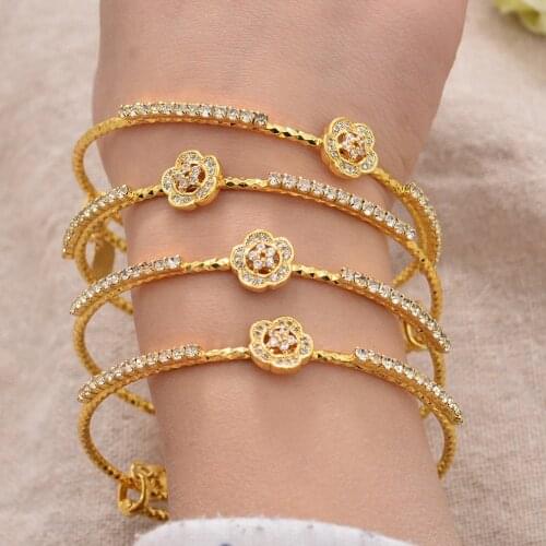 4Pcs/lot Dubai France Gold Color Bangles For Women Female Zircon Stone Adjustable Bracelets&Bangles Wedding Jewerlry