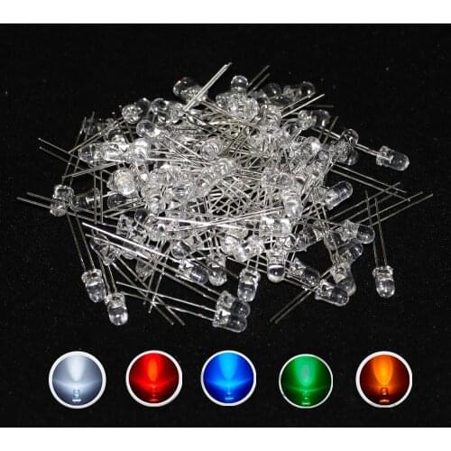 500pcs/lot 20Ma F5 5MM Long Lead Transparent Ultra Bright White LED Diode kit 5Colors Red White Yellow Green Blue