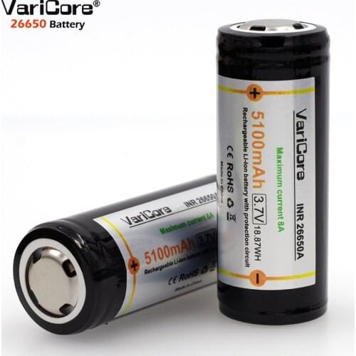 VariCore Protection 26650 5100 mAh 3.7 V Lithium Ion Rechargeable Battery with PCB 8A 3.6 V Power Battery for Flashlight