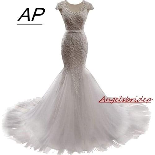 Angelsbridep Gorgeous Pearls Mermaid Wedding Dress 2021 Lace-up Capped Sleeves Vestido De Noiva Charming Scoop Robe De Mariee