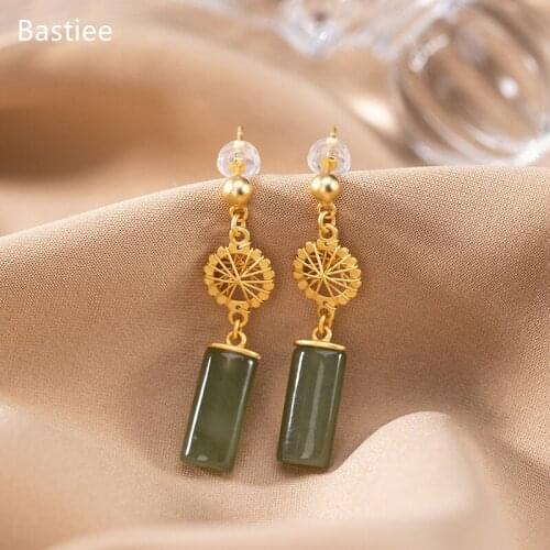 Bastiee Earrings For Women Vintage Silver 925 Jewelry Korean Earrings Jade Dangle Earrings Silver Earrings Golden Plated