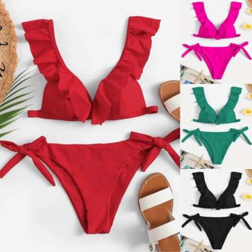 Sexy Bandage Bikini Swimwear Women Low Waist Solid Bikini Sets Bathing Suits Push Up Ruffles Beach Wear Push Up Swimsuit Summer