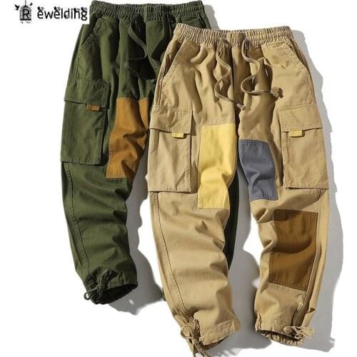 Trend Style Men Straight Pants High Quality Mens Cotton Patchwork Pants Big Pocket Casual Pants Male