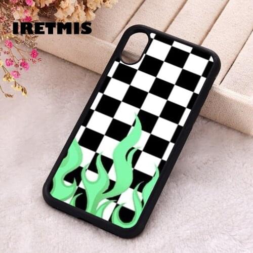 Iretmis 5 5S SE Phone Cover Case for iPhone 6 6S 7 8 Plus X Xs XR 11 12 Mini Pro Max Rubber Silicone Green Flame Checkerboard