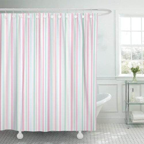 Color Spring Stripes Pattern Pink Blue Beige and White Lines Abstract Contemporary Bathroom Curtain Waterproof Polyester Fabric